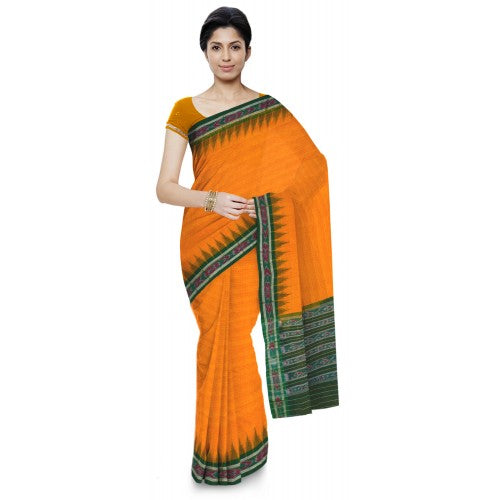 Marvelous Turmeric Yellow Cotton Sambalpuri Bandha Saree With Algae Green Border For Women