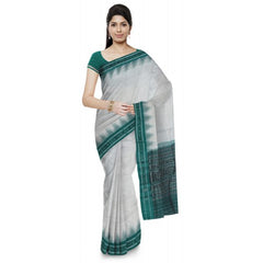 Graceful White Sambalpuri Bandha Saree with Green Border for Women