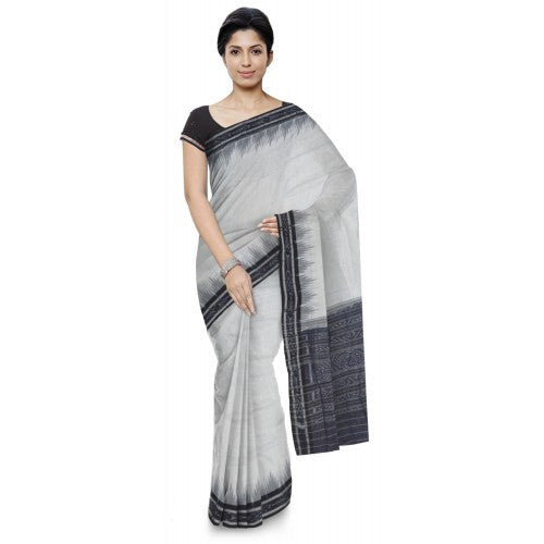 Graceful and Attractive White Sambalpuri Bandha Saree with Black Border for Women
