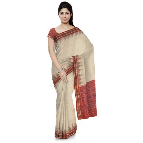 Designed Red Border with Off-White Sambalpuri Bandha Saree for Women