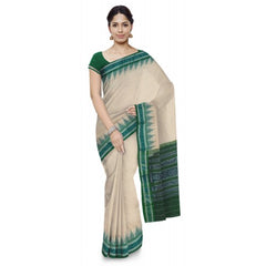 Graceful Off-White Sambalpuri Bandha Saree with Green Border for Women