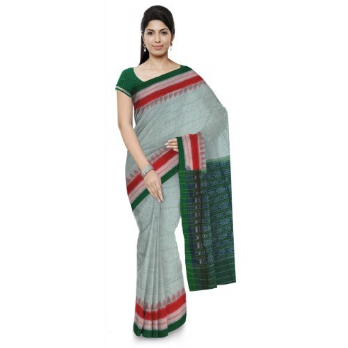 Fade Green Sambalpuri Bandha Saree With Red and Green Border for Women