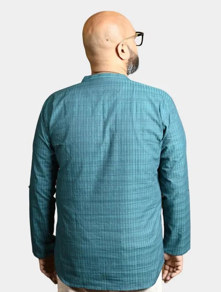 Self check Cotton Khadi Men's Short Kurta - Green