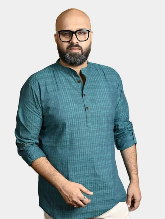 Self check Cotton Khadi Men's Short Kurta - Green