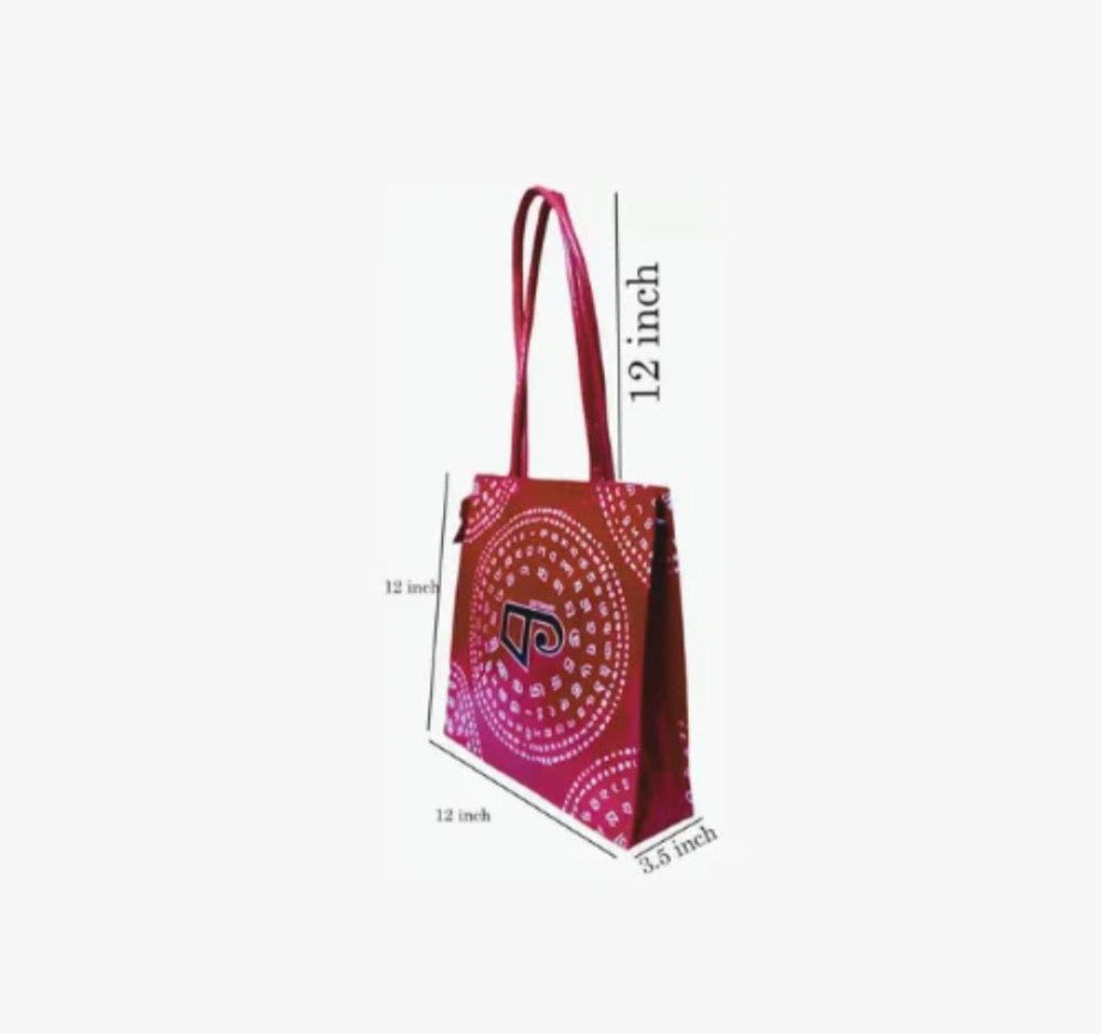 Shantiniketan Genuine Leather Handcarfted Bengali Letter Motif Red Shopping Bag For Woman( Bornomala)