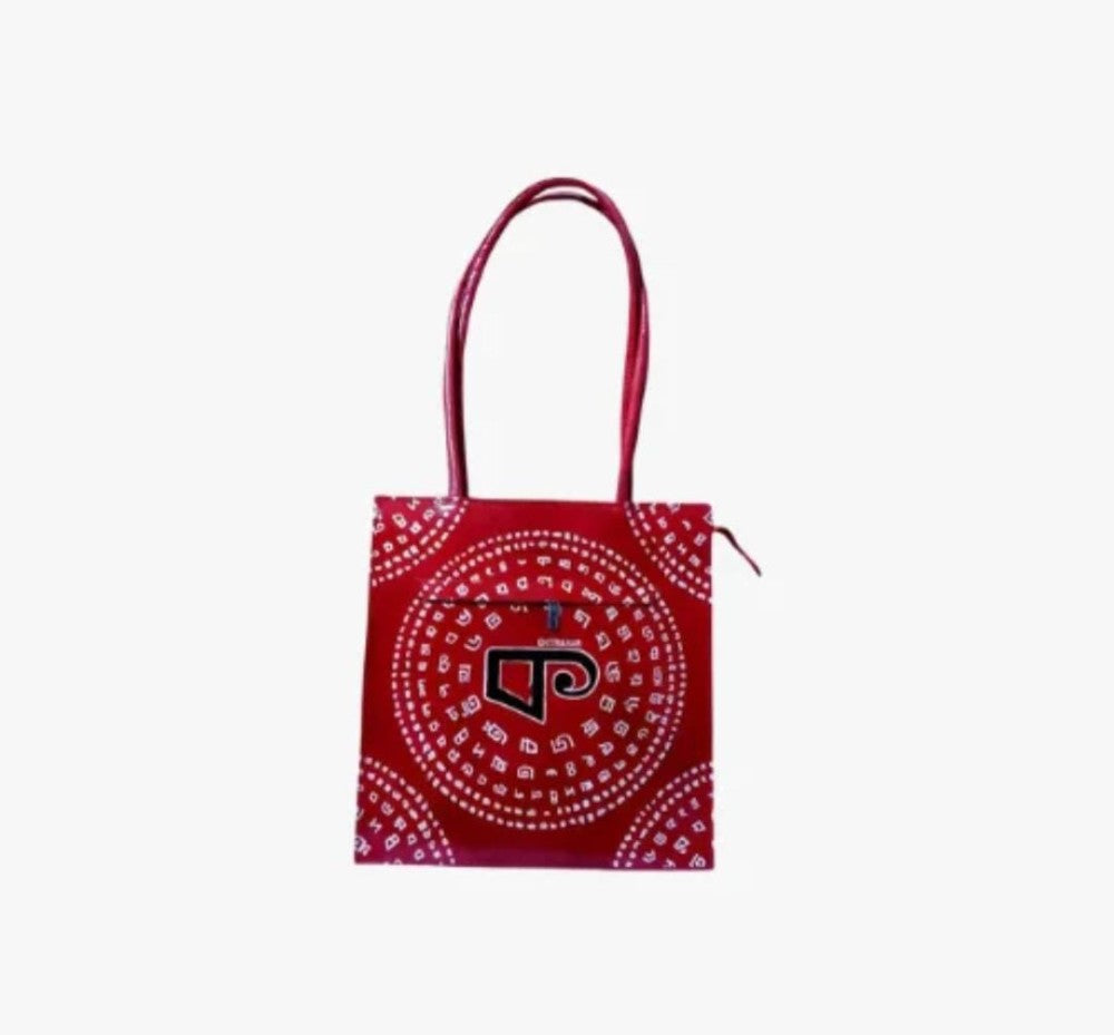 Shantiniketan Genuine Leather Handcarfted Bengali Letter Motif Red Shopping Bag For Woman( Bornomala)