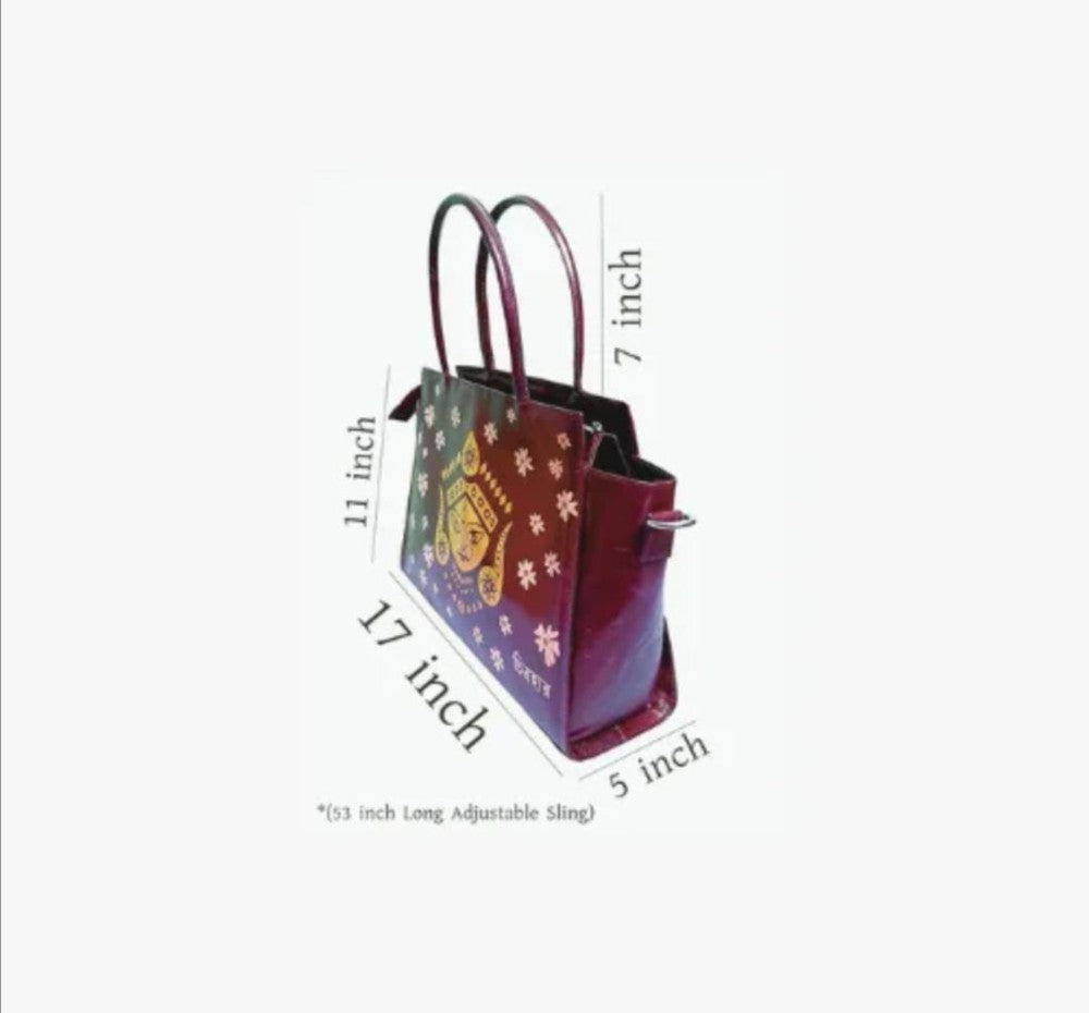 Shantiniketan Genuine Leather Handcarfted Durga Motif Batik Printed Maroon Large Size Shoulder Bag With Sling For Woman