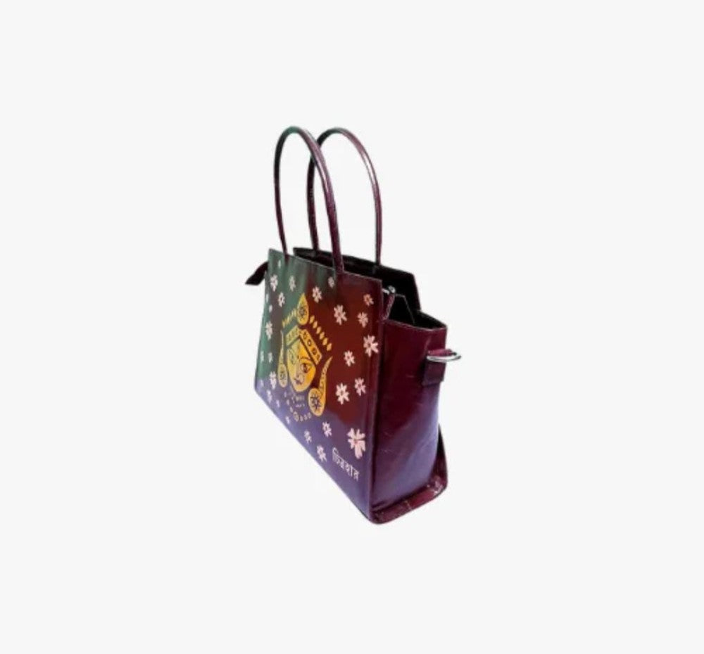 Shantiniketan Genuine Leather Handcarfted Durga Motif Batik Printed Maroon Large Size Shoulder Bag With Sling For Woman
