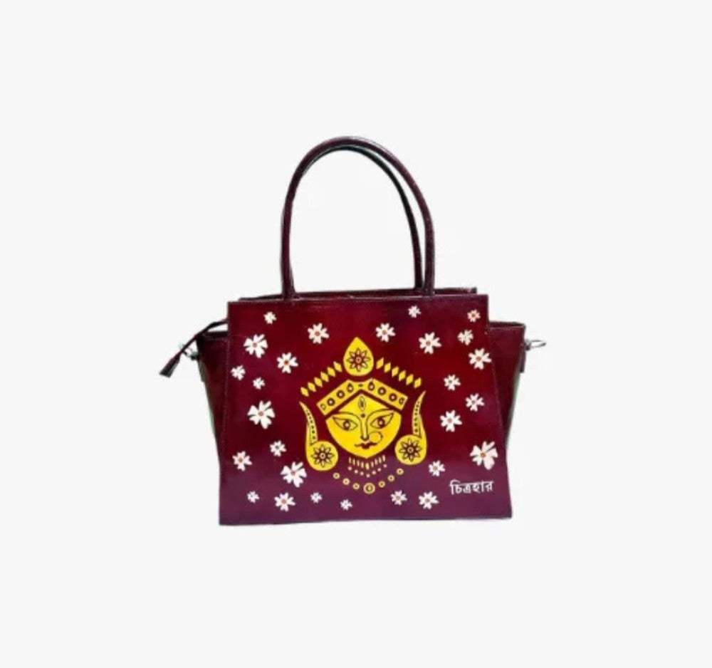 Shantiniketan Genuine Leather Handcarfted Durga Motif Batik Printed Maroon Large Size Shoulder Bag With Sling For Woman