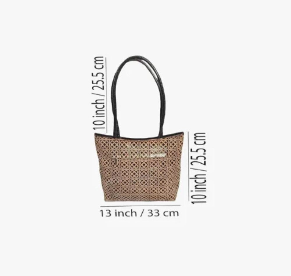 Shantiniketan Genuine Leather Handcarfted Geometric Motif Black Tote Bag For Woman