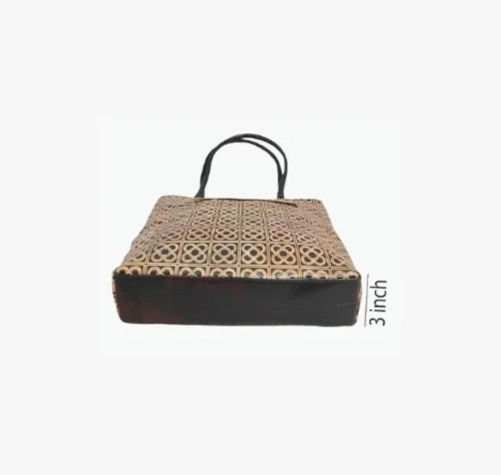 Shantiniketan Genuine Leather Handcarfted Geometric Motif Black Tote Bag For Woman