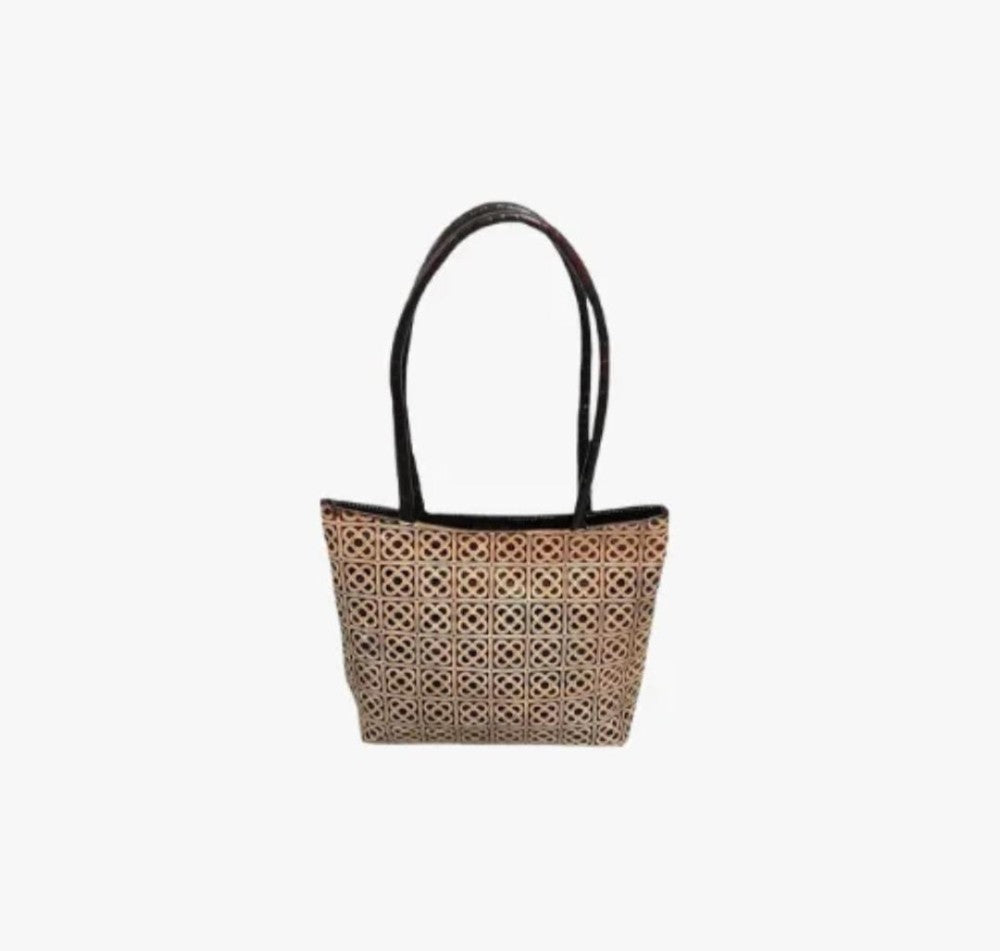 Shantiniketan Genuine Leather Handcarfted Geometric Motif Black Tote Bag For Woman