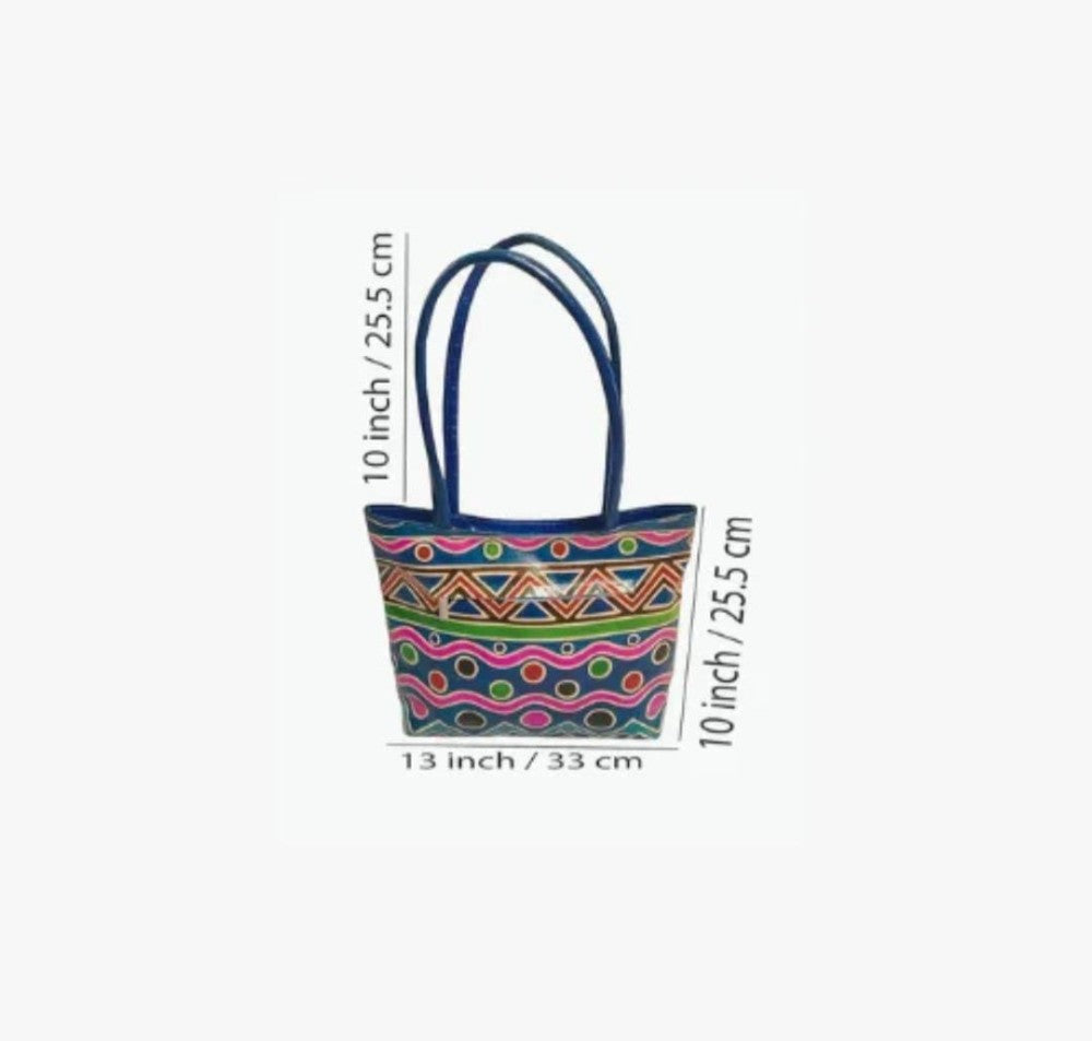 Shantiniketan Genuine Leather Handcarfted Geometric Motif Blue Tote Bag For Woman