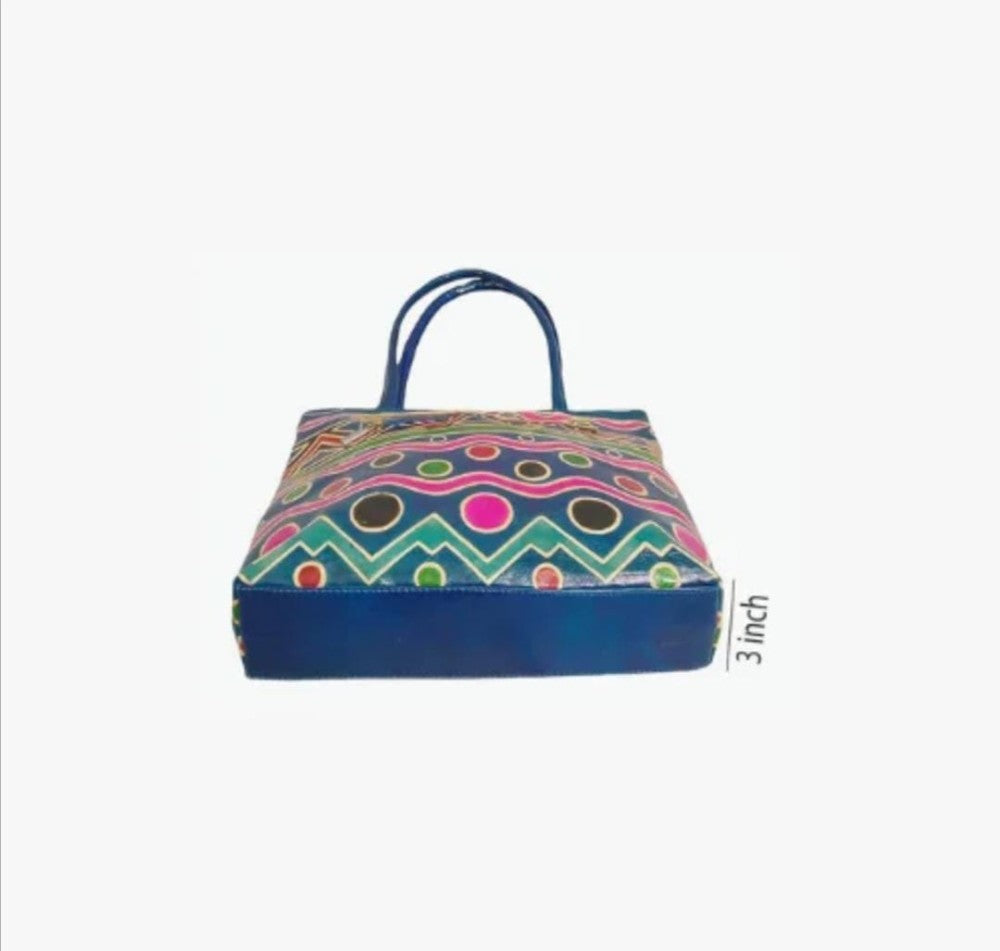 Shantiniketan Genuine Leather Handcarfted Geometric Motif Blue Tote Bag For Woman
