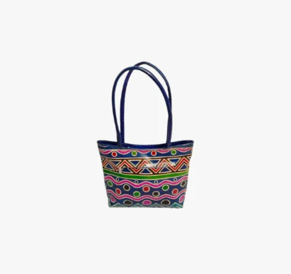 Shantiniketan Genuine Leather Handcarfted Geometric Motif Blue Tote Bag For Woman