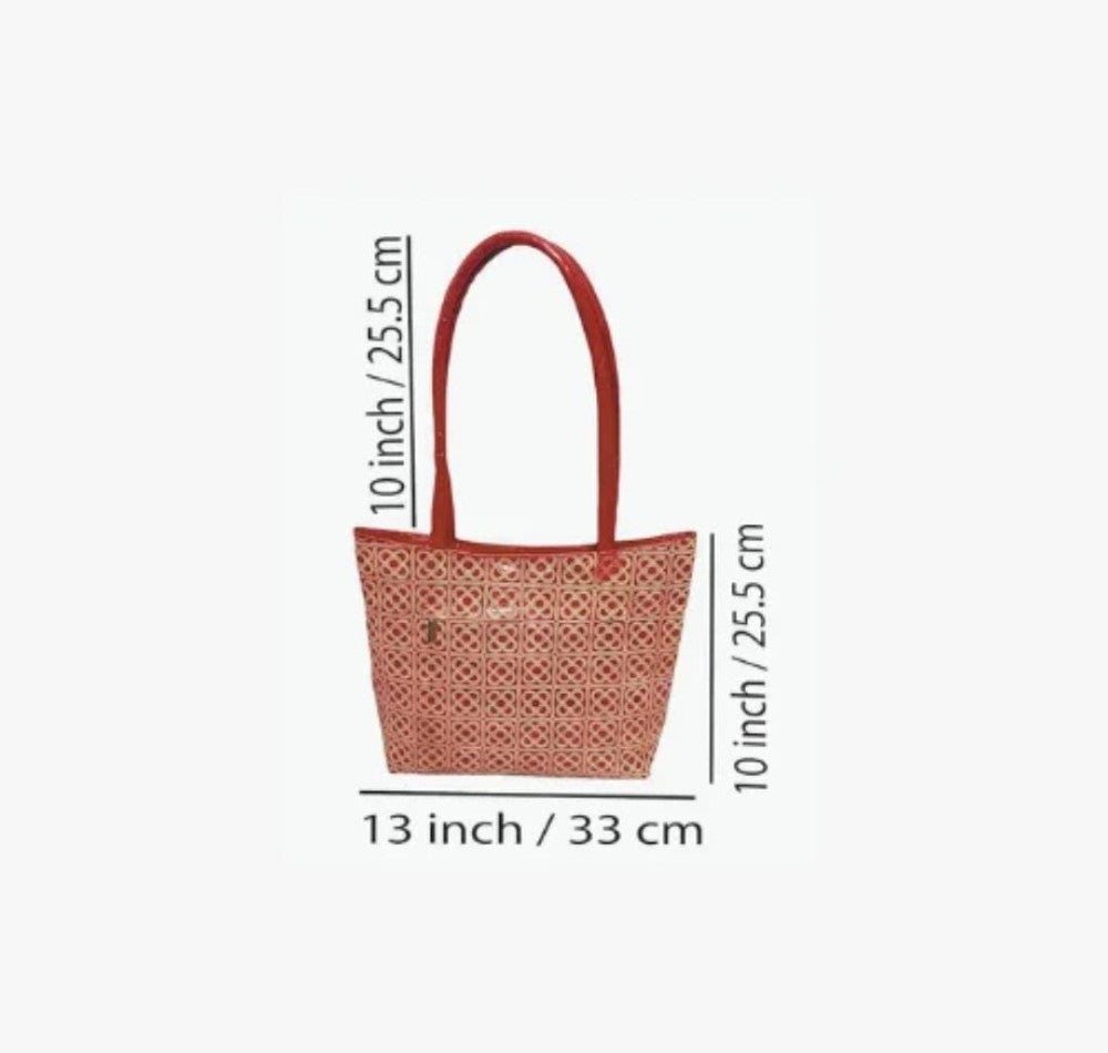 Shantiniketan Genuine Leather Handcarfted Geometric Motif Red Tote Bag For Woman