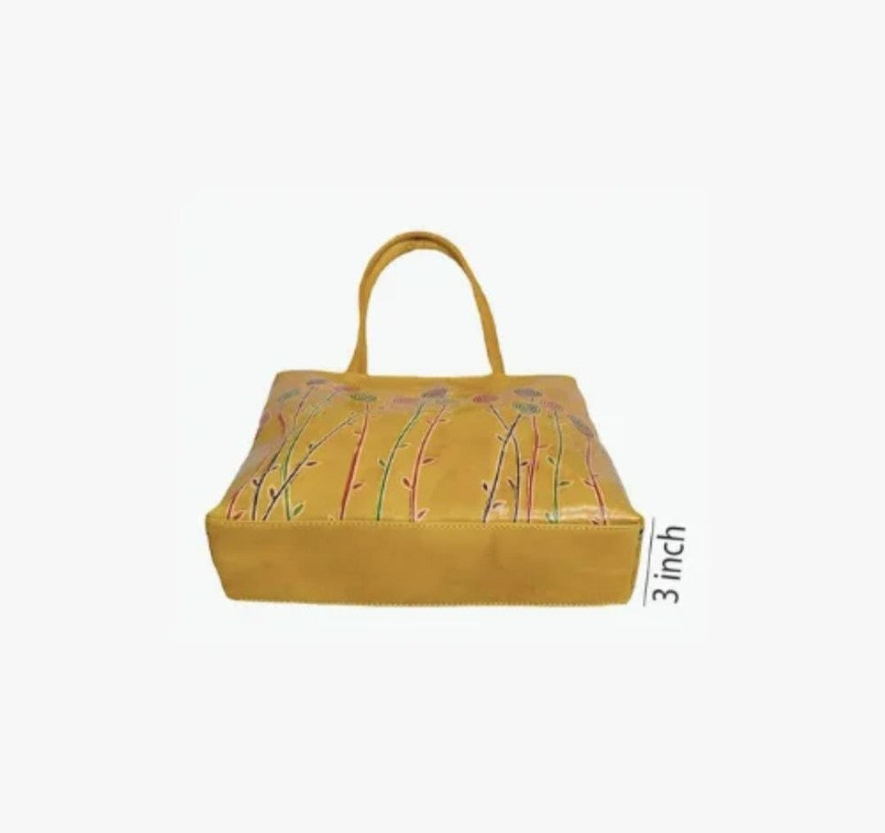 Shantiniketan Genuine Leather Handcarfted Geometric Motif Yellow Tote Bag For Woman