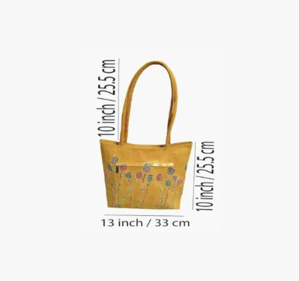 Shantiniketan Genuine Leather Handcarfted Geometric Motif Yellow Tote Bag For Woman