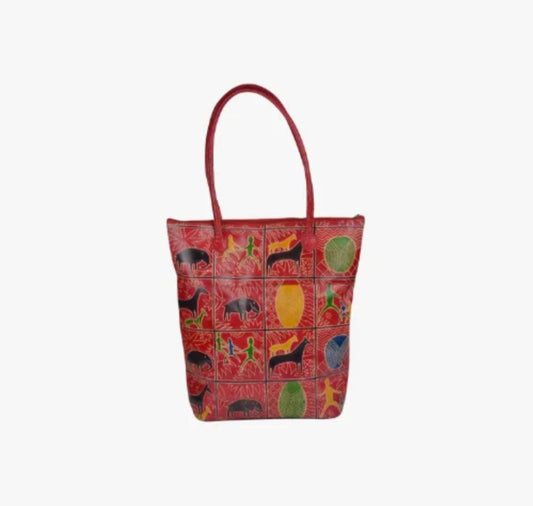 Shantiniketan Genuine Leather Handcarfted Red Tote Bag For Woman