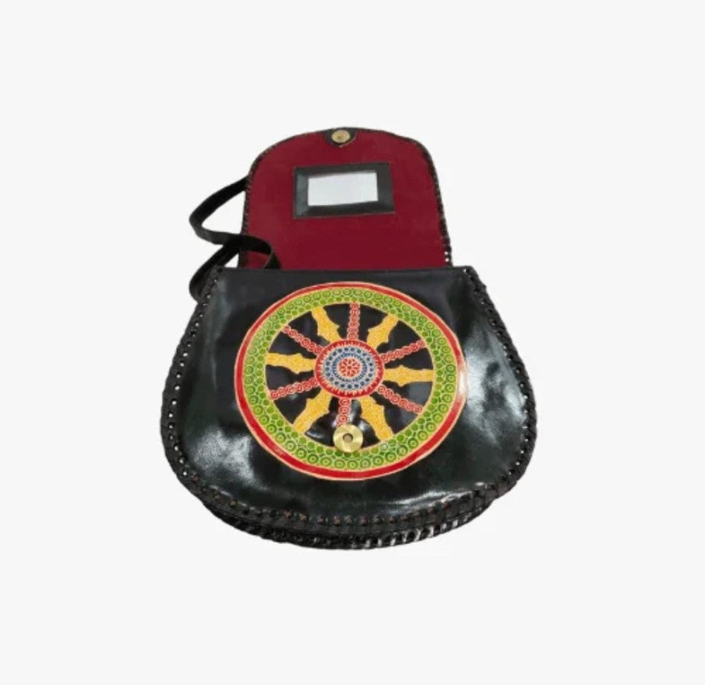 Shantiniketan Genuine Leather Handcarfted Traditional Chakra Ladies Black Sling Bag