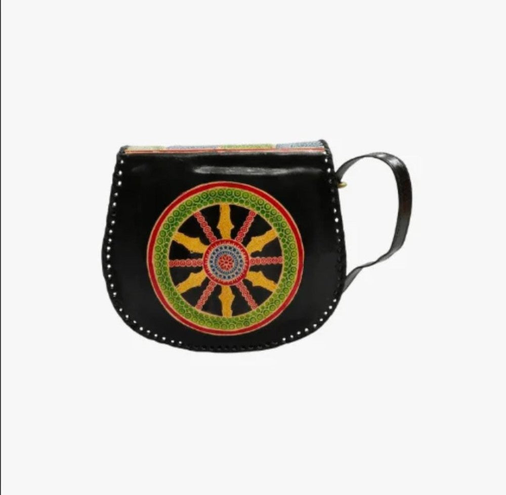 Shantiniketan Genuine Leather Handcarfted Traditional Chakra Ladies Black Sling Bag