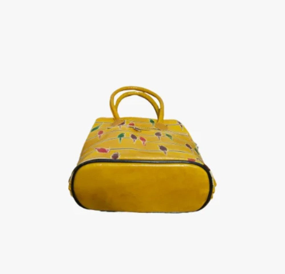 Shantiniketan Genuine Leather Handcarfted Yellow Fill Chain Hangbag For Woman( Bird)