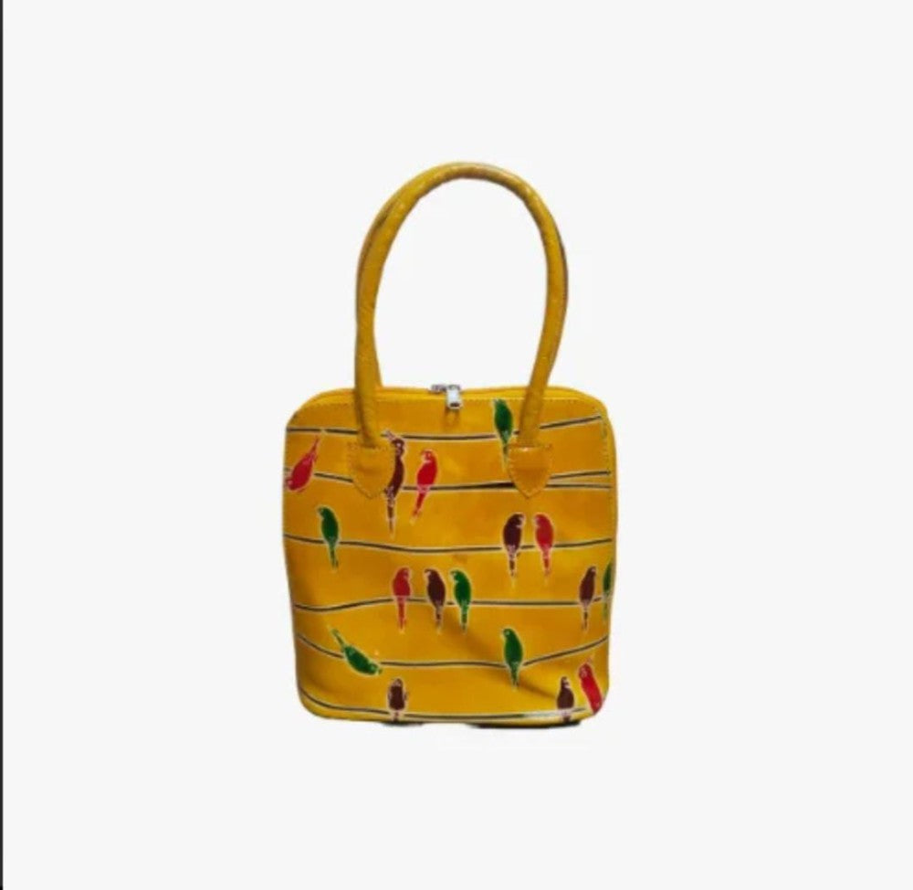 Shantiniketan Genuine Leather Handcarfted Yellow Fill Chain Hangbag For Woman( Bird)