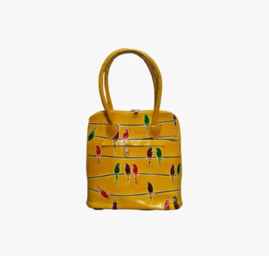 Shantiniketan Genuine Leather Handcarfted Yellow Fill Chain Hangbag For Woman( Bird)