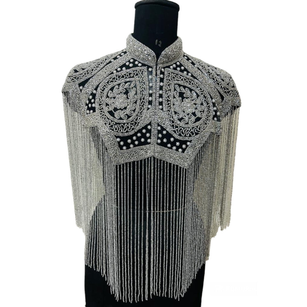 Silver Meshy Beaded Cape Fringe Shoulder Shrug Shawl Pashmina