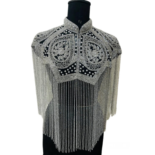 Silver Meshy Beaded Cape Fringe Shoulder Shrug Shawl Pashmina