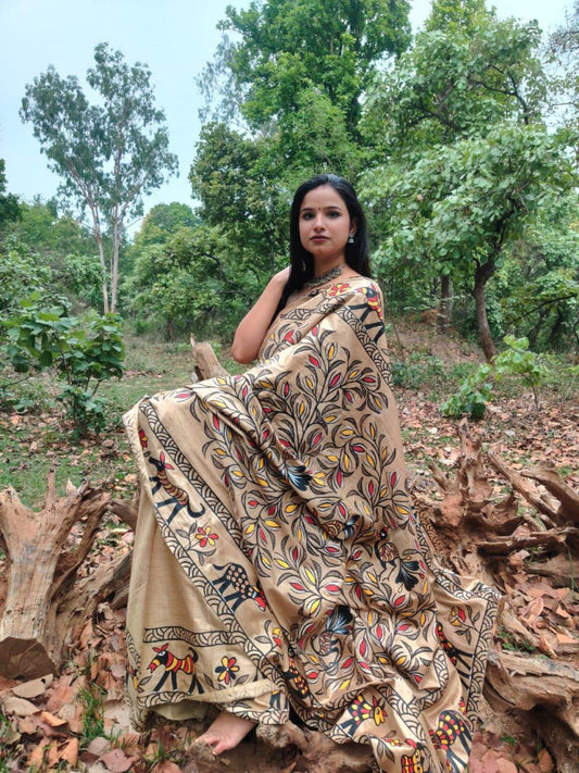Sohrai Khovar Brown Bhagalpuri Silk Saree
