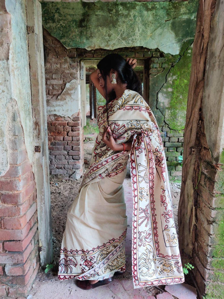 Sohrai Khovar Cream Bhagalpuri Silk Saree