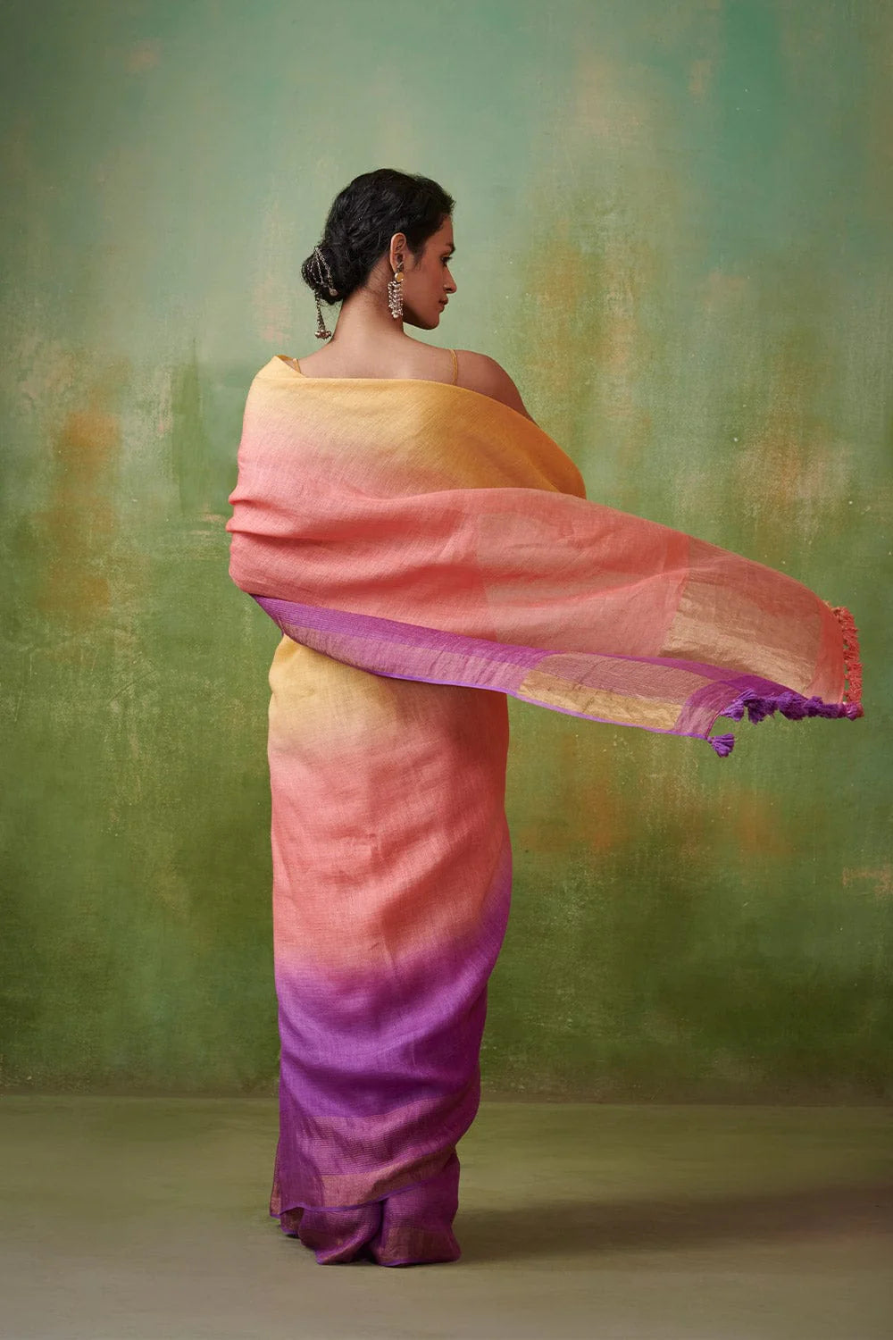 Tangerine Twist Linen Saree With Zari Border