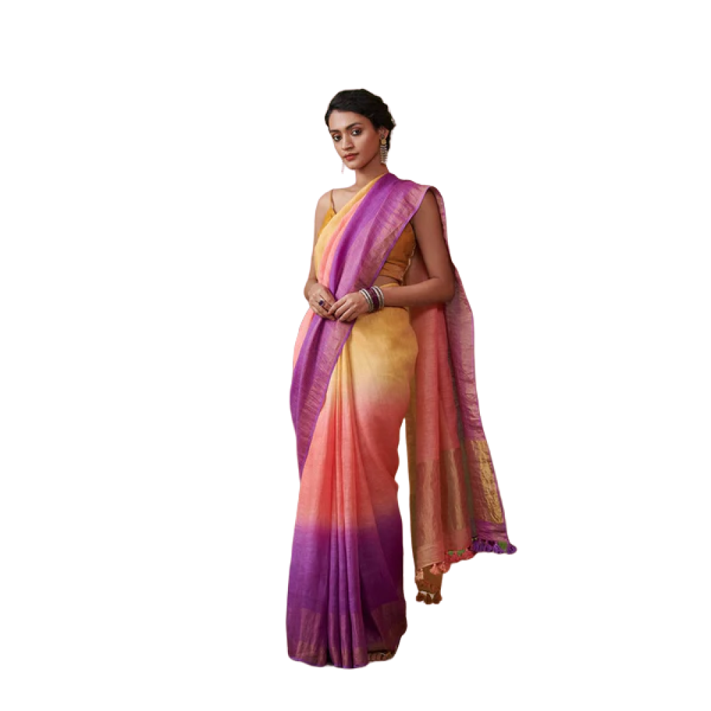 Tangerine Twist Linen Saree With Zari Border