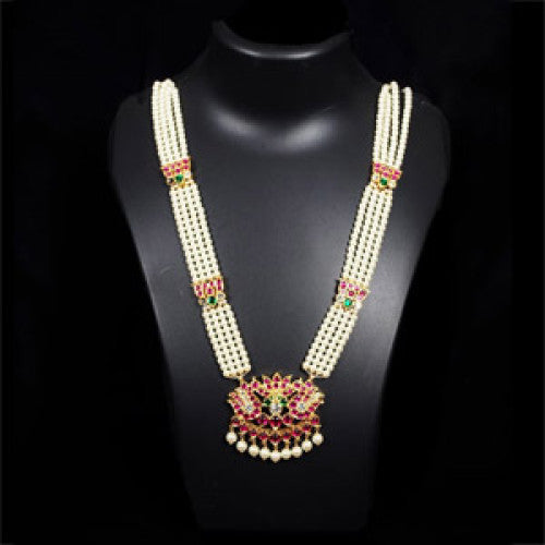 White Pearl Long Necklace 24 Kt Gold Foil Temple Jewellery