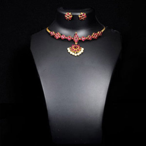 Pink Stone 24 Kt Gold Foil Temple Jewellery Necklace With Earing Tops