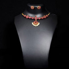Pink Stone 24 Kt Gold Foil Temple Jewellery Necklace With Earing Tops