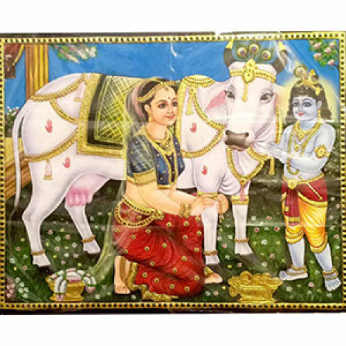 Bal Krishna With Maiya Yashoda and Cow Thanjavur Painting