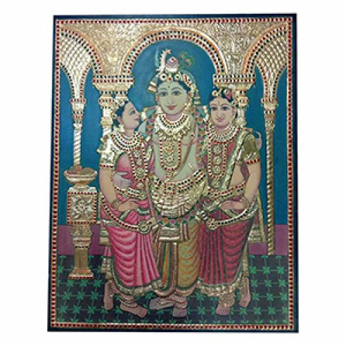Thanjavur Painting Lord Krishna With Rukmani and Satyabhama