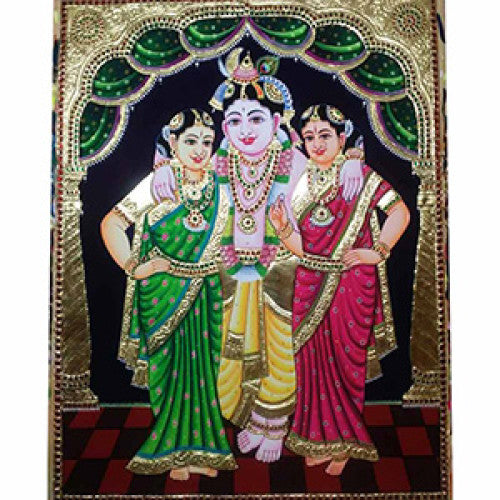 Thanjavur Painting Satyabhama and Rukmini With Lord Krishna