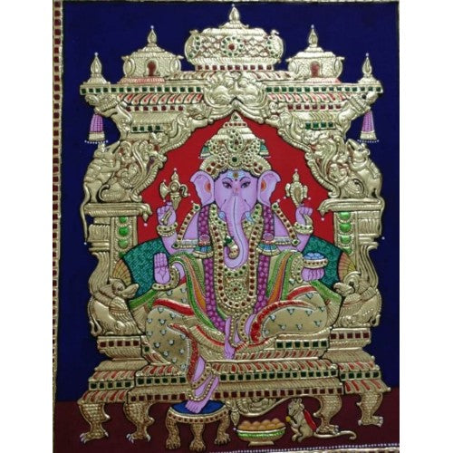 Traditional Thanjavur Painting Elegantly Sitting Lord Ganpati with Modak