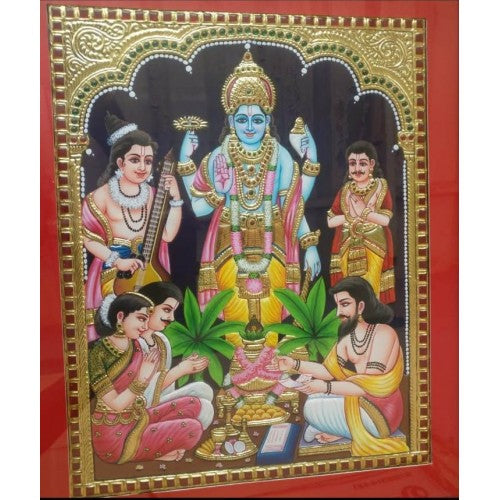 Iconic Composition of Traditional Thanjavur Painting of God Satyanarayan Swami