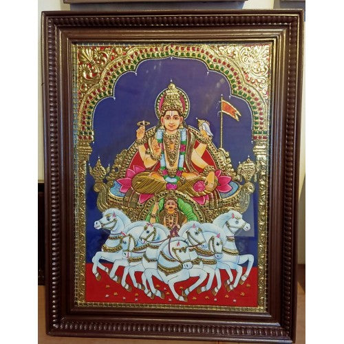 Traditional Handmade Gorgeous Thanjavur Painting Of Lord Surya Narayana For Wall Decoration