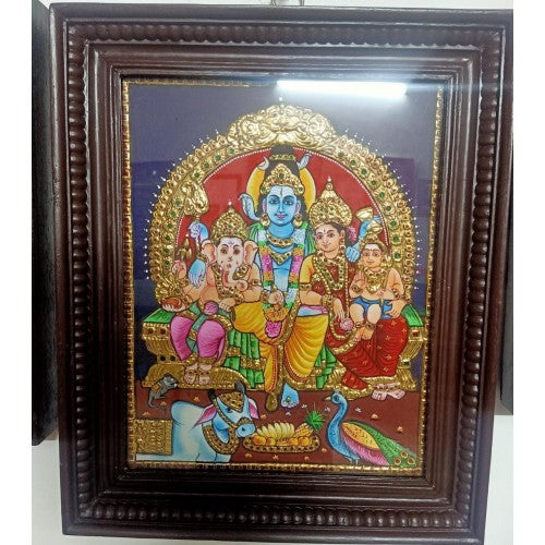 Traditional Handmade Gorgeous Thanjavur Painting Of Lord Shiva Family For Wall Decoration