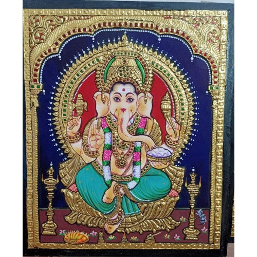Traditional Handmade Gorgeous Thanjavur Painting Of Lord Ganesha For Wall Decoration