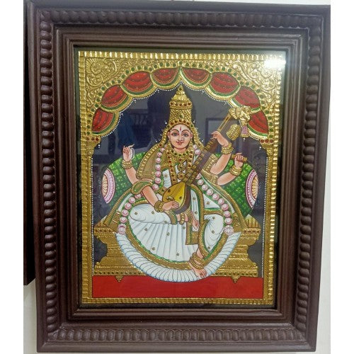 Traditional Handmade Gorgeous Thanjavur Painting Of Goddess Saraswati For Wall Decoration