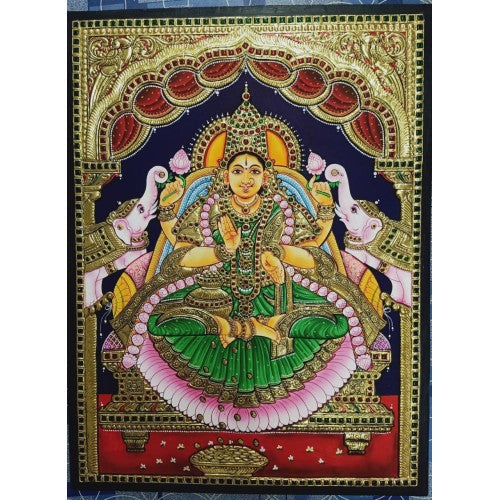 Delightful Handmade Gorgeous Thanjavur Painting Of Goddess Gaja Lakshmi For Wall Decoration