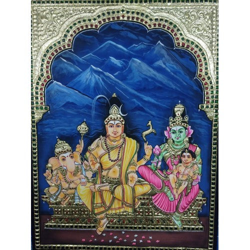 Delightful Handmade Gorgeous Thanjavur Painting Of Lord Shiva Family For Wall Decoration