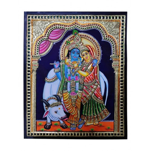Thanjavur Painting Of Radha-Krishna With Kamdhenu