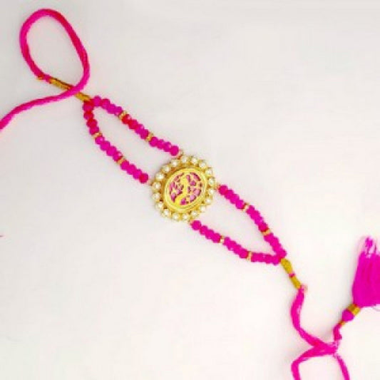 Thewa Art Gold Plated Rakhi With Pink Beads